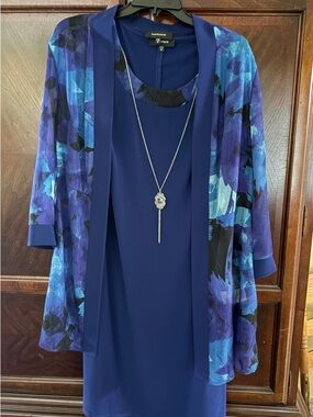 R&M Richards Royal Blue Floral Jacket Dress with Pendant
